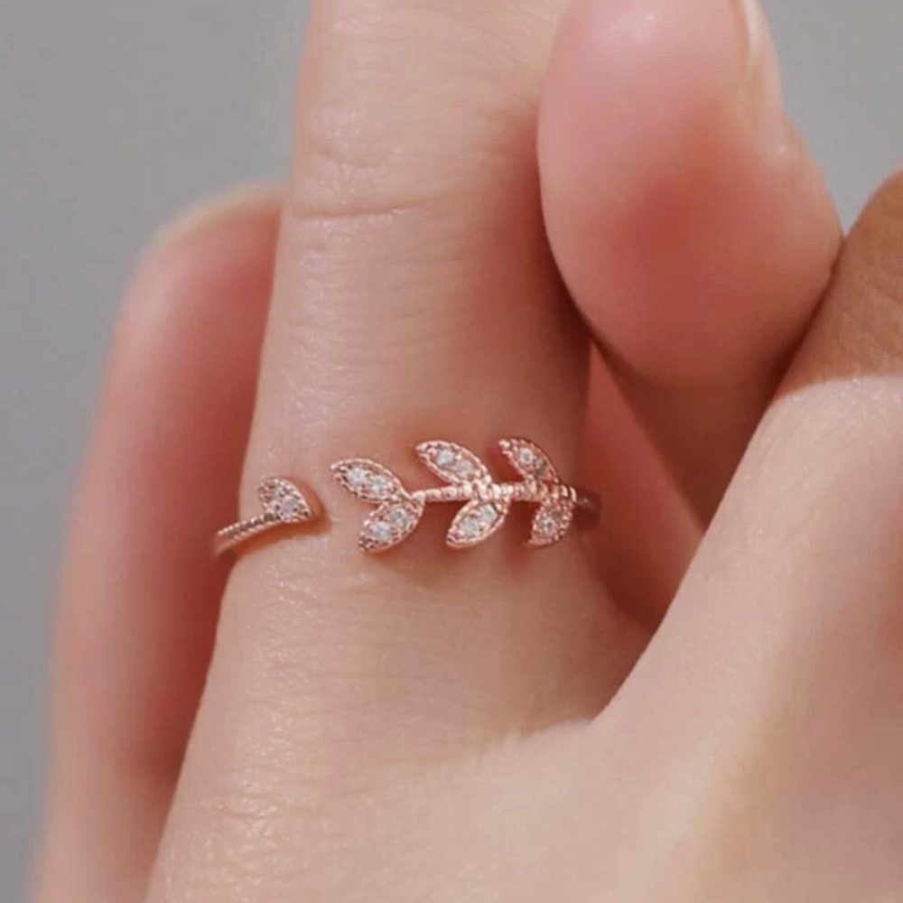 Rose Gold Rhinestone Leaf Ring